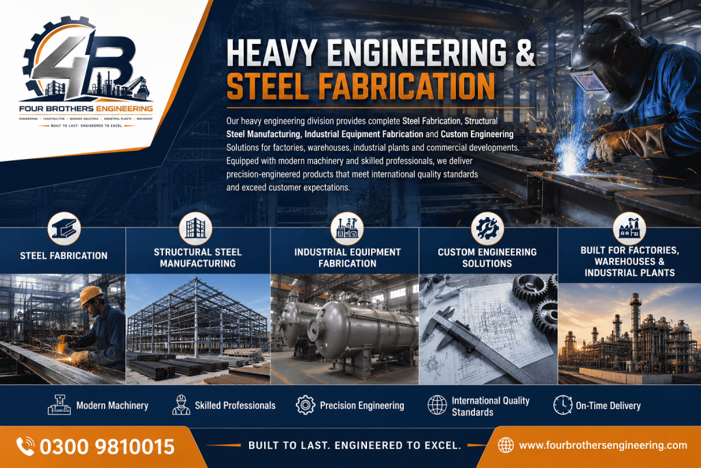 Heavy engineering and steel fabrication services by Four Brothers Engineering in Pakistan for industrial equipment, steel structures and custom engineering projects.