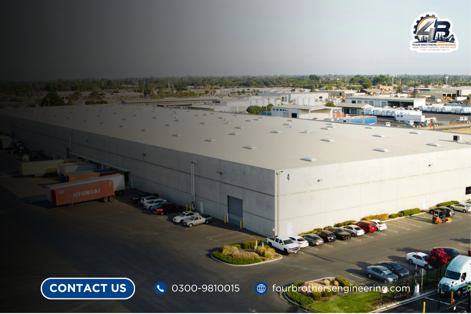 Completed pre engineered building projects by Four Brothers Engineering including industrial steel structures, warehouses, factories and commercial buildings in Pakistan.