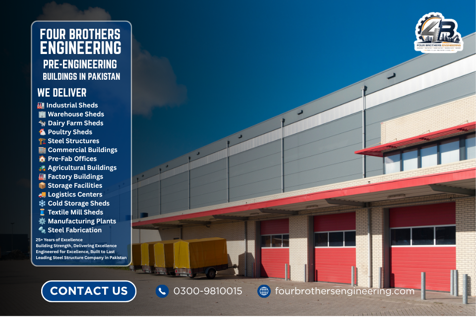 Pre engineered textile mill shed designed and constructed by Four Brothers Engineering for textile manufacturing facilities in Pakistan.