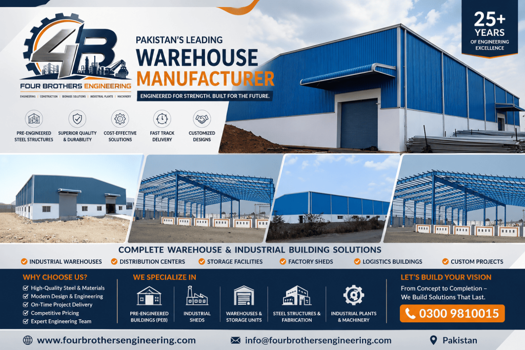 Modern steel warehouse building constructed by Four Brothers Engineering in Pakistan for industrial storage, logistics and distribution facilities.