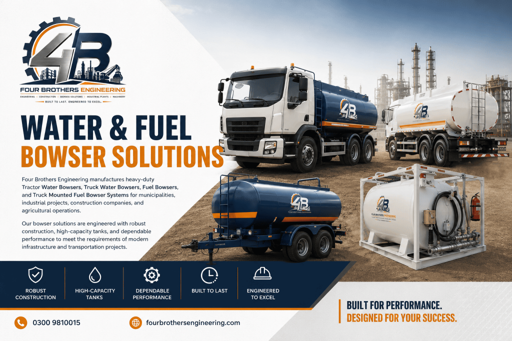 Heavy-duty water bowser and fuel bowser manufactured by Four Brothers Engineering in Pakistan for agriculture, construction, industrial and commercial applications.