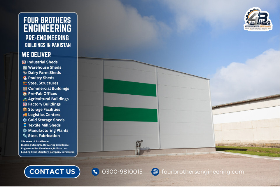 Pre engineered warehouse building manufactured by Four Brothers Engineering for industrial storage, logistics centers and distribution facilities in Pakistan.
