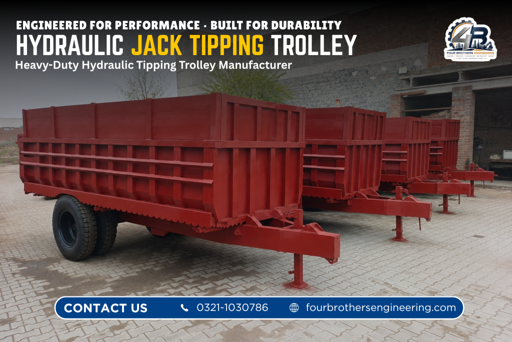 Hydraulic tipping trolley manufactured by Four Brothers Engineering for construction, agriculture and commercial material transportation in Pakistan.