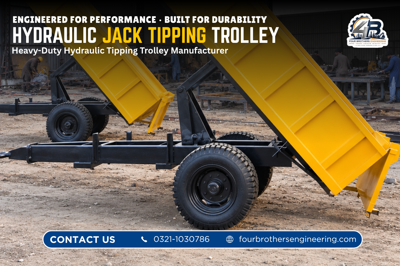 Four Brothers Engineering fabrication workshop building hydraulic jack trolleys in Pakistan