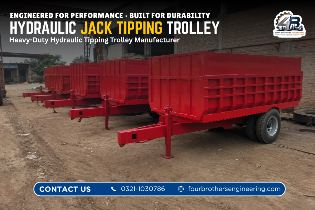 Hydraulic tipping trolley manufactured by Four Brothers Engineering for construction, agriculture and commercial material transportation in Pakistan.