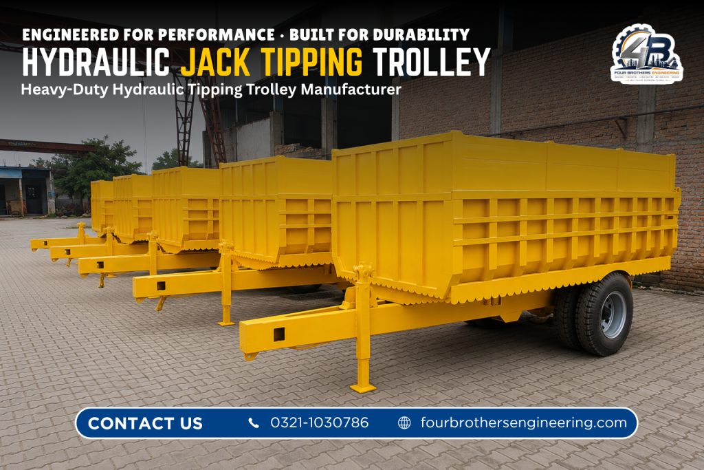 Hydraulic tipping trolley manufactured by Four Brothers Engineering for construction, agriculture and commercial material transportation in Pakistan.