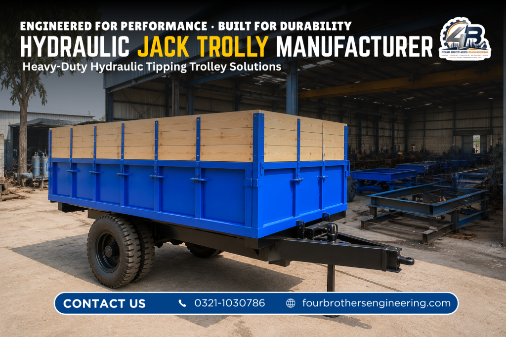 Hydraulic tipping trolley manufactured by Four Brothers Engineering for construction, agriculture and commercial material transportation in Pakistan.