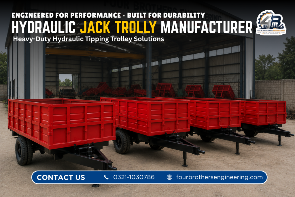 Hydraulic tipping trolley manufactured by Four Brothers Engineering for construction, agriculture and commercial material transportation in Pakistan.