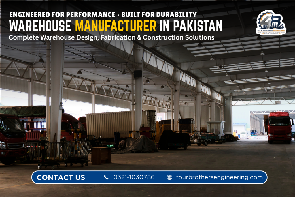Modern steel warehouse building designed and constructed by Four Brothers Engineering for storage, logistics and industrial use in Pakistan.